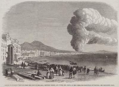 Ausbruch des Vesuvs in der Nähe des Hügels, zwischen Resina und Torre del Greco, gesehen von der Marinella in Neapel (Stich) von English School