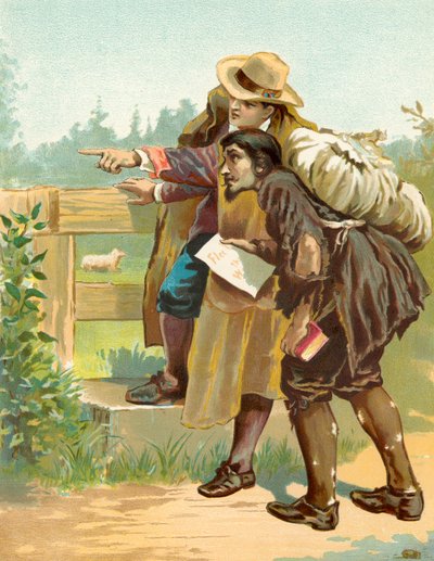 Evangelist zeigt Christian das Wicket Gate von English School