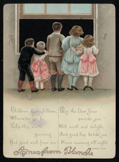 Aufgeregte Kinder schauen aus dem Fenster, Neujahrsgrußkarte von English School