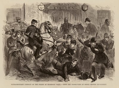 Außergewöhnliches Verhalten der Polizei in Highbury Barn, wie die Hüter der Ordnung unordentlich wurden (Gravur) von English School