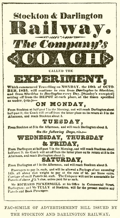 Faksimile der Werbeanzeige, die von der Stockton and Darlington Railway herausgegeben wurde von English School