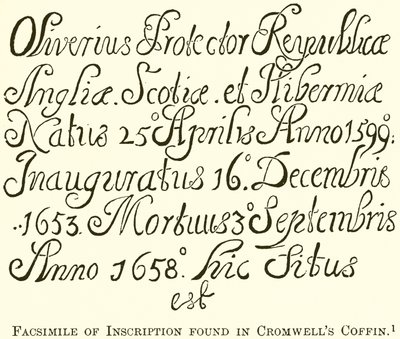 Faksimile der Inschrift, die im Sarg von Cromwell gefunden wurde von English School