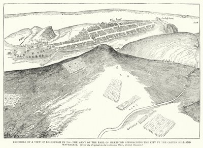 Faksimile einer Ansicht von Edinburgh im Jahr 1544, die Armee des Earl of Hertford nähert sich der Stadt über den Calton Hill und Watergate von English School
