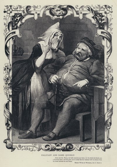 Falstaff und Frau Quickly, Die lustigen Weiber von Windsor, Akt II, Szene 2 (Gravur) von English School