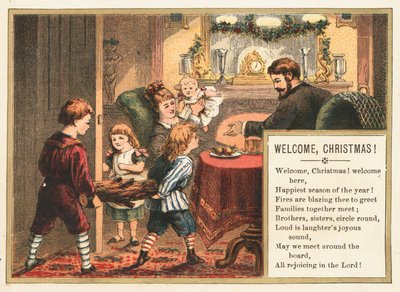Familie bereitet sich auf Weihnachten vor, Weihnachtskarte von English School