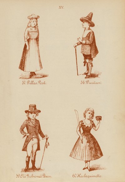 Kostüme: Säulenpost, Puritaner, Altmodische Bohne, Harlequinette von English School