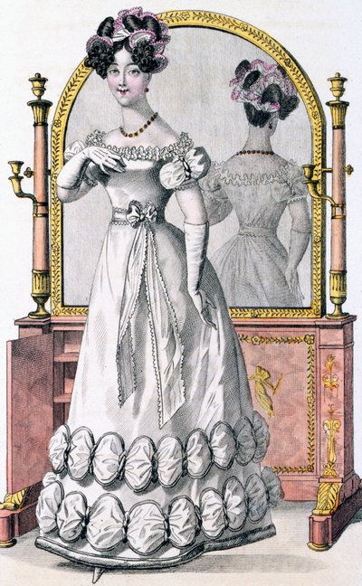 Modeplatte einer Dame im Abendkleid, Werbung aus 
