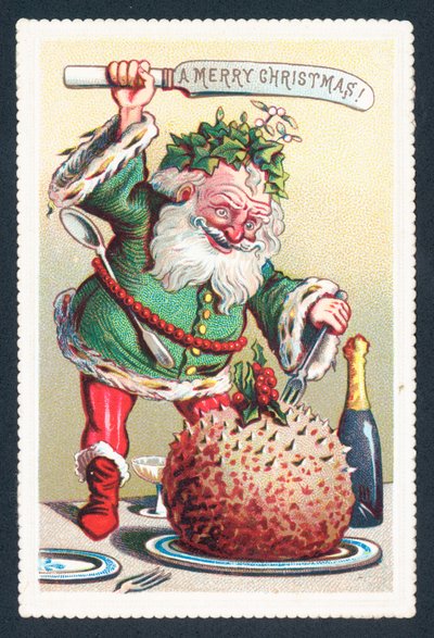 Weihnachtsmann schneidet Pflaumenpudding, Weihnachtskarte von English School