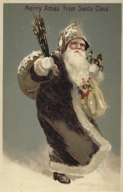 Weihnachtsmann in einem Pelzmantel, trägt Geschenke von English School