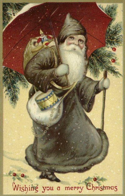 Weihnachtsmann in einem Pelzmantel, trägt Geschenke von English School