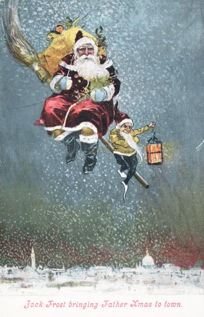 Weihnachtsmann auf seinem Besen, Weihnachtskarte von English School