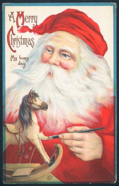 Weihnachtsmann malt Schaukelpferd, Weihnachtskarte von English School