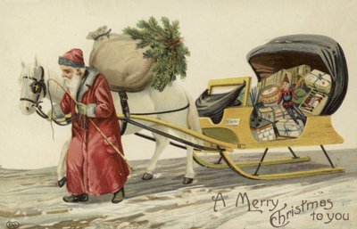 Weihnachtsmann zieht einen Schlitten mit Geschenken von English School
