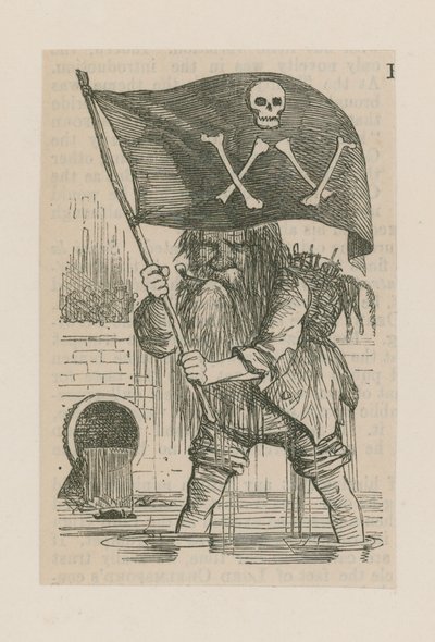 Vater Thames schwenkt einen Totenkopf und gekreuzte Knochen von English School