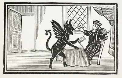 Faustus wird vom Geist gewarnt, sein Ende zu erwarten, Illustration aus Chap-books of the Eighteenth Century von John Ashton, veröffentlicht 1882 von English School