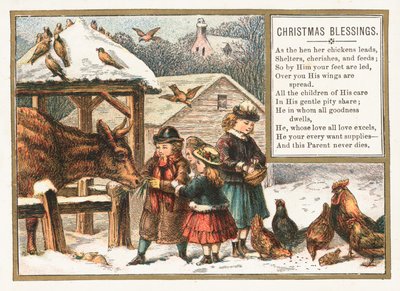Tiere im Schnee füttern, Weihnachtskarte von English School