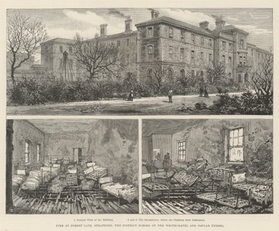 Brand in Forest Gate, Stratford, die Bezirksschule der Whitechapel und Poplar Unions von English School