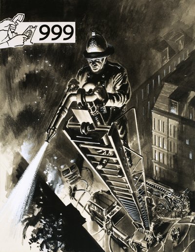 Feuerwehrmann auf Leiter von English School