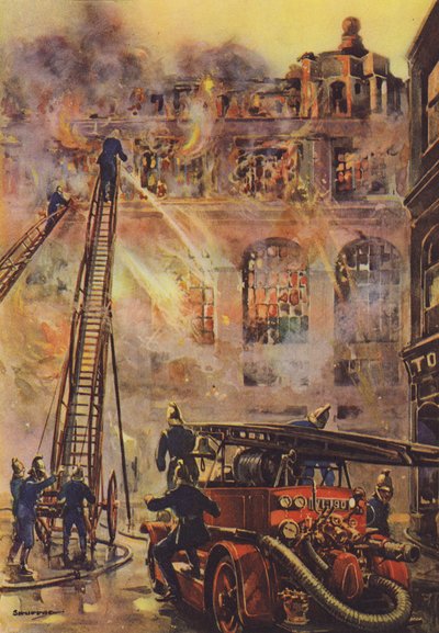Feuerwehrmänner bekämpfen einen Brand in einem großen Hotel von English School