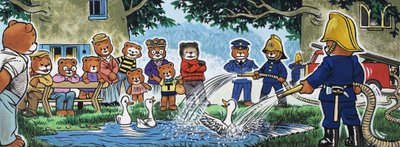 Feuerwehrleute spritzen Enten von English School