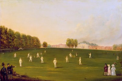 Erstes großes Cricketspiel der Mitglieder der Royal Amateur Society auf dem Hampton Court Green, 3. August 1836 von English School