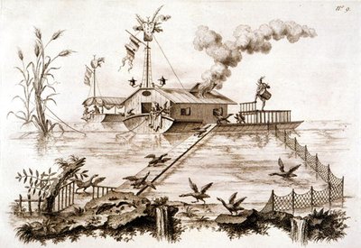 Fischen mit Kormoranen unter Verwendung eines Wasserbootes und eines eingezäunten Geheges, Illustration aus 