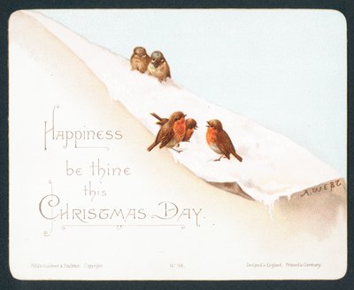 Fünf kleine Rotkehlchen im Schnee, Weihnachtskarte von English School