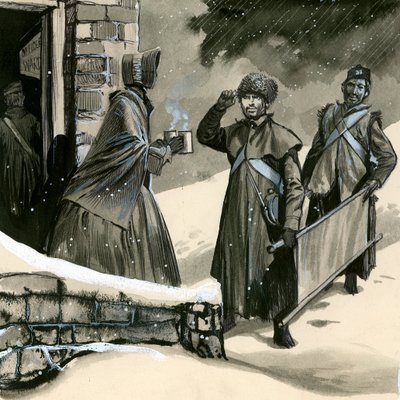 Florence Nightingale begrüßt Soldaten im Schnee von English School