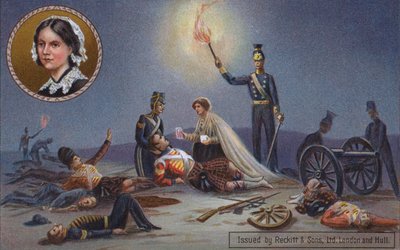 Florence Nightingale behandelt verwundete britische Soldaten auf dem Schlachtfeld, Krimkrieg von English School