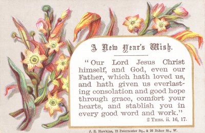 Blumen und religiöser Vers, Neujahrskarte von English School