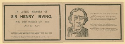 Faltkarte zum Gedenken an den Tod von Sir Henry Irving, Schauspieler, der am 13. Oktober 1905 starb von English School