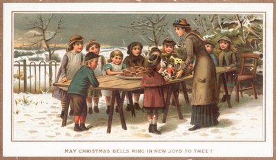 Essen und Spielzeug auf einem Tisch für Kinder, Weihnachtskarte von English School