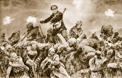 Für den Ruhm des Raj: Indische Truppen stürmen die deutschen Schützengräben bei Neuve Chapelle, März 1915, 1914-19 von English School