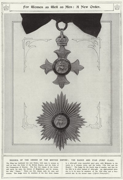 Für Frauen und Männer, ein neuer Orden, Insignien des Ordens des Britischen Empire, das Abzeichen und der Stern, erste Klasse von English School