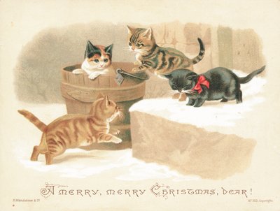 Vier kleine Kätzchen spielen, Weihnachtskarte von English School