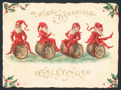 Vier Kobolde sitzen auf Fässern, Weihnachtskarte von English School