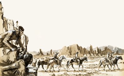 Vier Männer auf dem Weg zum Funeral Mountain und Death Valley dahinter von English School