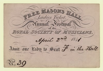 Freimaurerhalle, Damenkarte, Jahresfest, Royal Society of Musicians, 2. April 1841 von English School