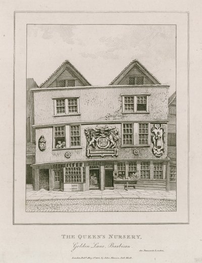 Vorderseite des Fortune Theatre, wie es 1800 aussah, nachdem es in ein Geschäft umgewandelt wurde von English School