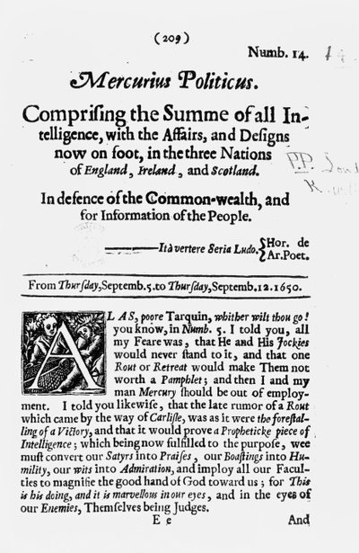 Titelseite von Mercurius Politicus, zur Verteidigung des Commonwealth und zur Information des Volkes, 1650 von English School