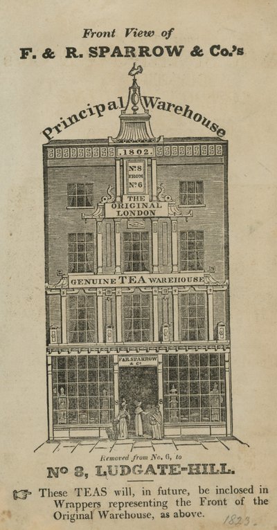 Frontansicht des Lagerhauses von Fred & Robert Sparrow & Co am Ludgate Hill von English School