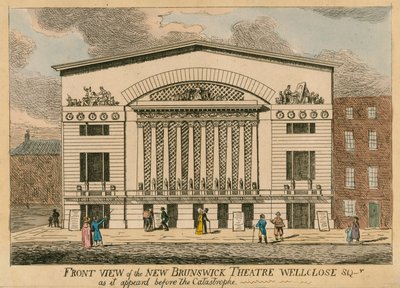 Frontansichten des neuen Brunswick Theaters, Wellclose Square, London, wie es vor der Katastrophe erschien von English School