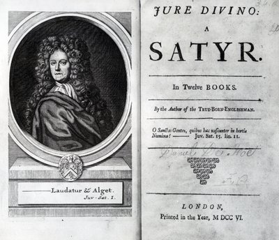 Frontispiz und Titelseite für Jure Divino: A Satyr von Daniel Defoe, veröffentlicht 1706 von English School