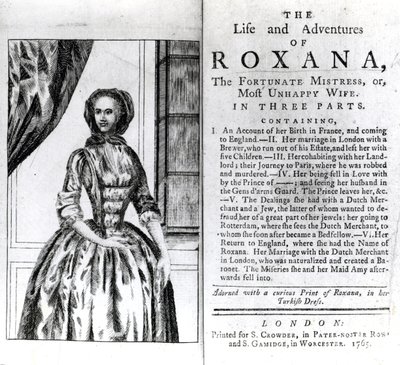 Frontispiz und Titelseite für The Life and Adventures of Roxana von Daniel Defoe, veröffentlicht 1765 von English School