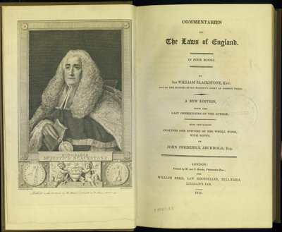 Frontispiz und Titelseite aus Commentaries on the Laws of England in Four Books, von Sir William Blackstone, Knt., veröffentlicht von M. und S. Brooke, London, 1811 von English School