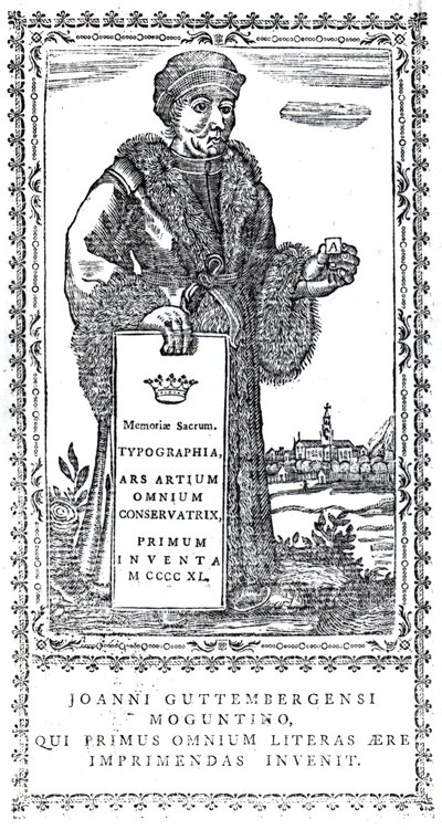 Frontispiz von Johannes Gutenberg aus A Concise History of the Origin and Progress of Printing von Philip Luckombe, veröffentlicht 1770 von English School