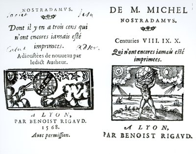 Frontispiz zu Die Prophezeiungen von M. Michel Nostradamus, veröffentlicht von Benoist Rigaud, 1568 von English School
