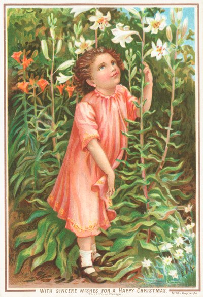 Mädchen riecht an Lilien im Garten von English School