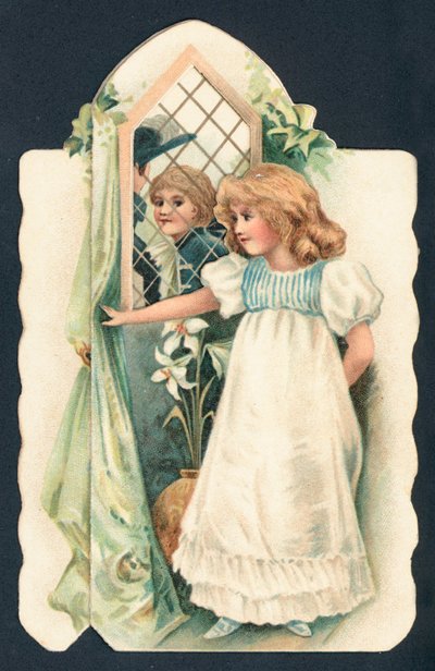 Mädchen beobachtet Jungen durch Fenster, Weihnachtskarte von English School