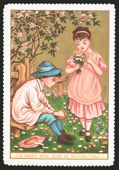 Mädchen mit Blumen spricht mit sitzendem Jungen von English School